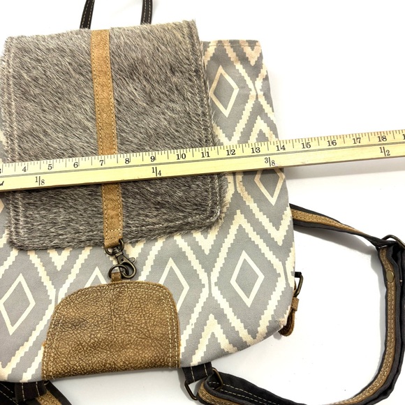 Myra Bag Artist's Impression Hairon Flapover Canvas & Leather Backpack Boho Chic - Picture 8 of 9